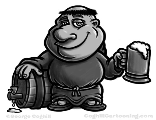 Monk with keg & beer cartoon character sketch.