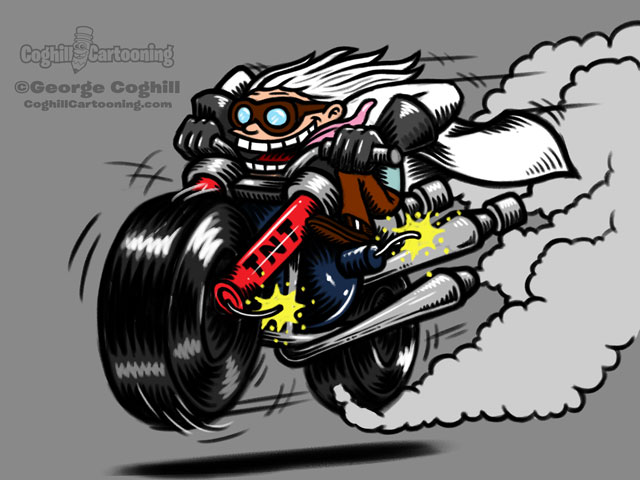 Cartoon Bomb Motorcycle with Mad Scientist Sketch