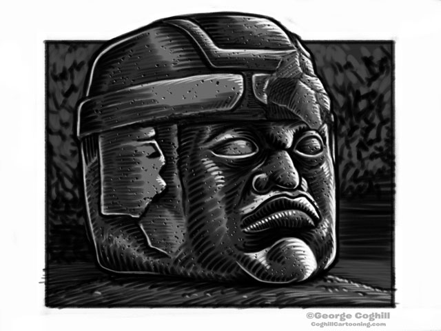 Olmec Head Statue Sculpture Mexico Cartoon Sketch 2