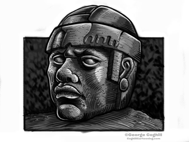 Olmec Head Statue Sculpture Mexico Cartoon Sketch 3 