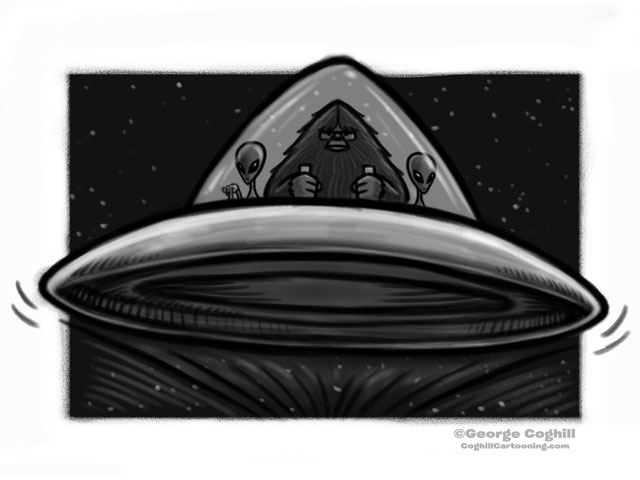 Bigfoot: UFO Pilot & Aliens Riding Shotgun Cartoon Sketch