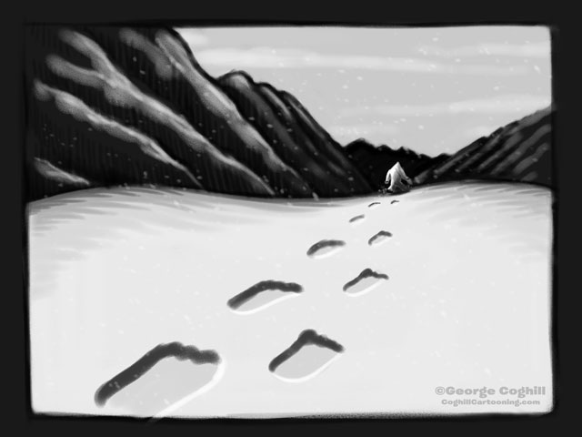 Yeti Footprints in Mountain Snow Cartoon Sketch