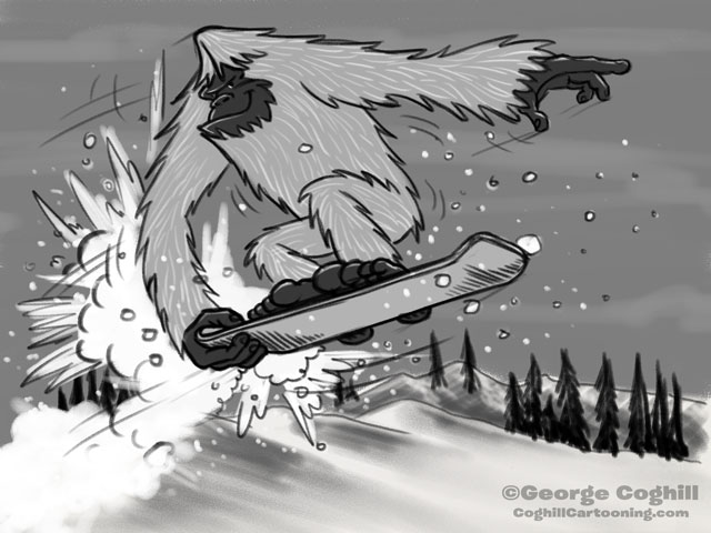 Yeti Snowboarding Cartoon Sketch