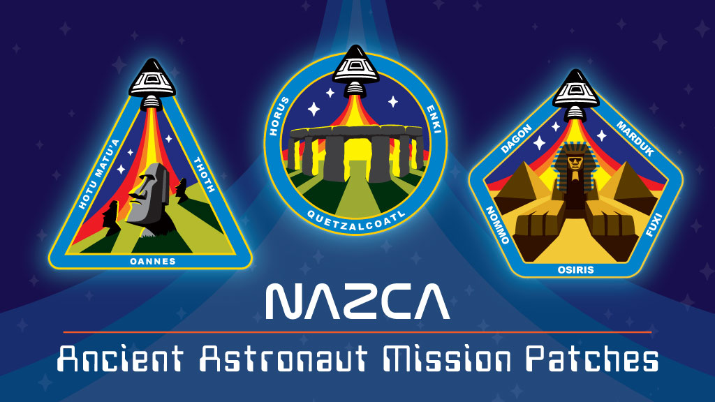 NAZCA-ancient astronaut mission patches Sphinx pyramids stonehenge easter island